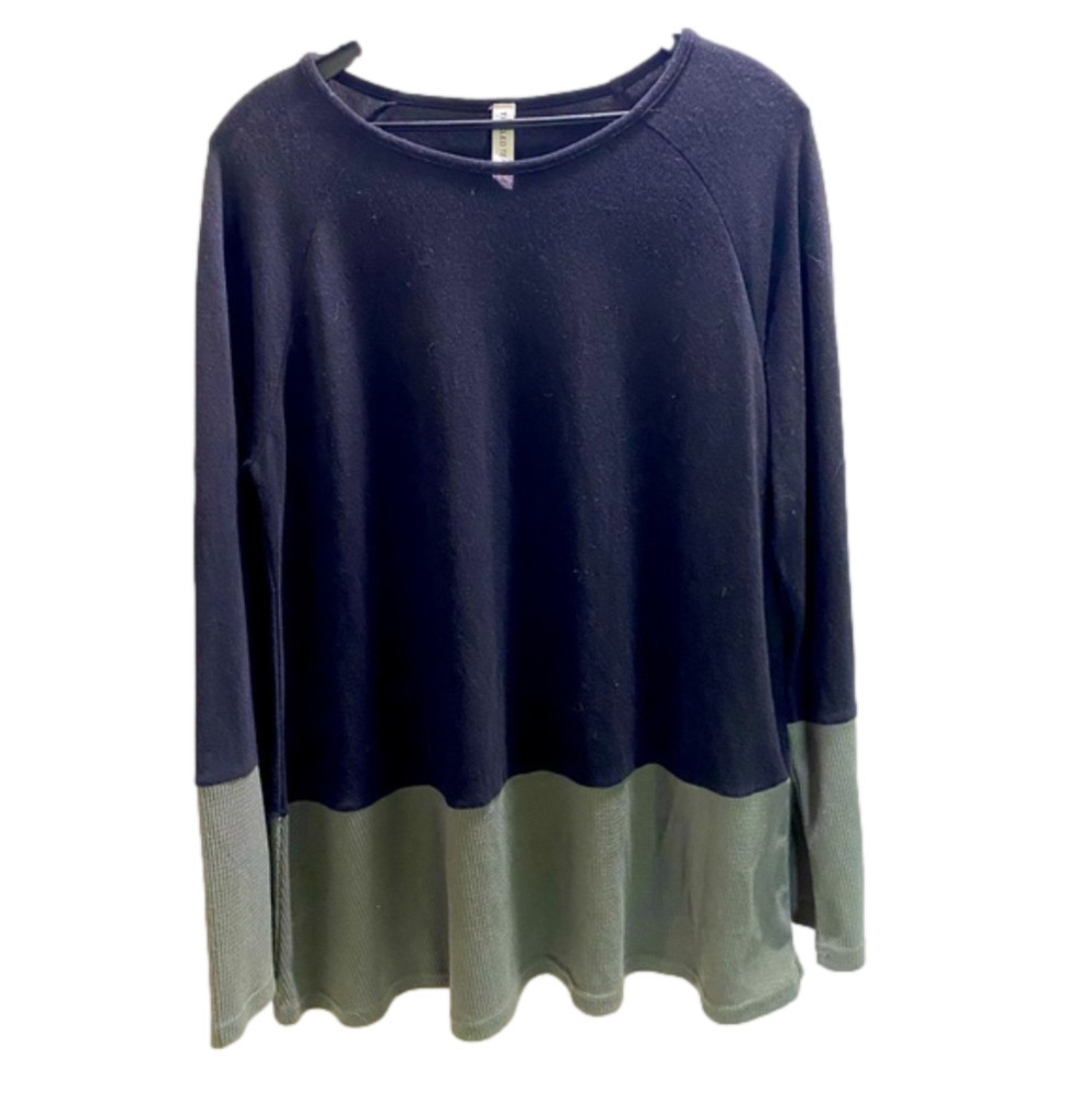 X-Large Black Green Colorblock Knit Top Long Sleeve Stretch Tickled Teal